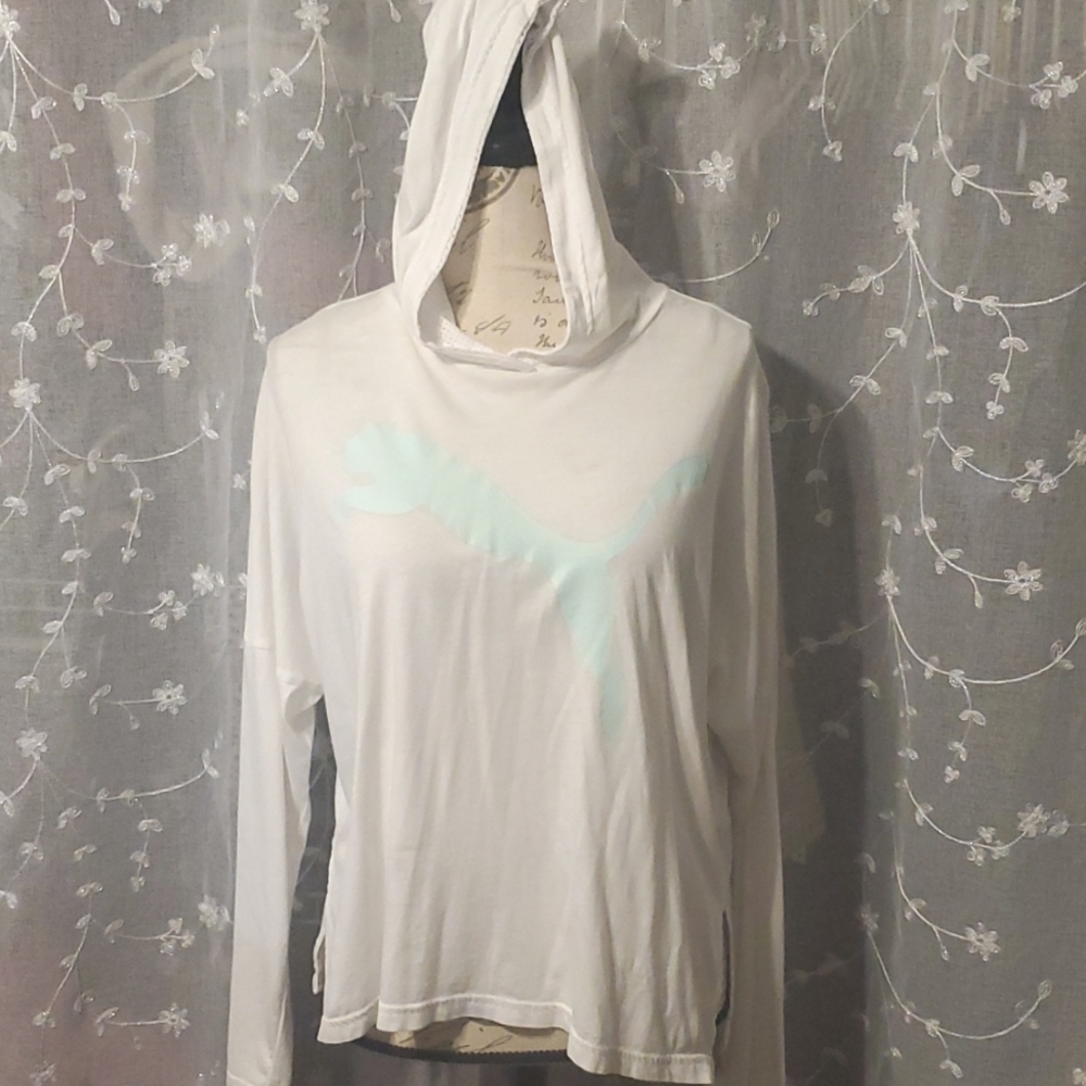 PUMA womens white with mint green logo long sleeve hooded size large shirt